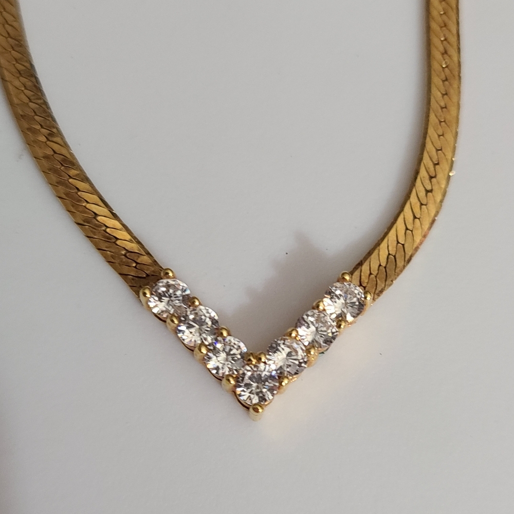 Vintage 80's simulated diamond gold chain necklace 18" CZ stones sparkly wedding
